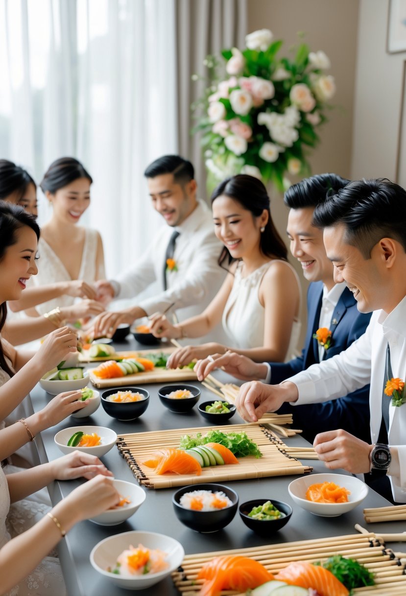 Couples enjoying a sushi rolling activity together at a decorated table with fresh ingredients and utensils.
