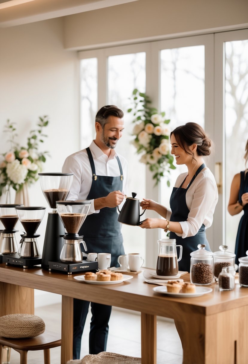 A couple watches a barista demonstrate coffee brewing at a modern wedding shower with coffee equipment and pastries on a table.