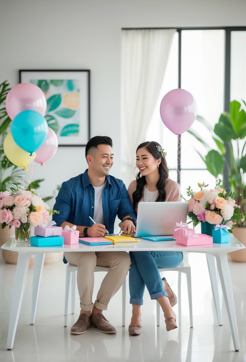 A couple sitting at a table surrounded by notebooks and decorations, planning their bucket list together.