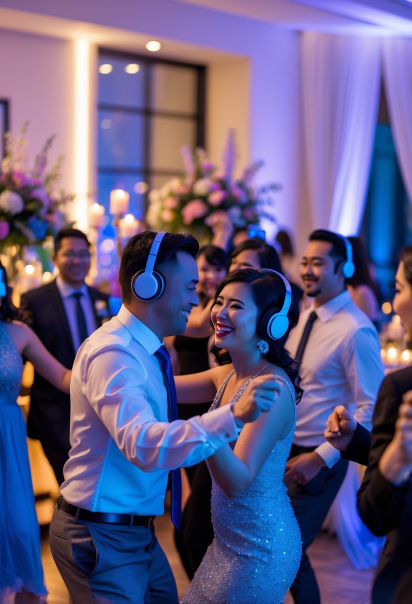 Couples dancing together wearing wireless headphones at a lively indoor wedding shower party.