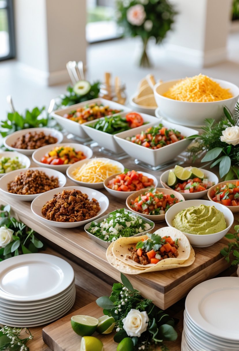 A taco bar setup with various fresh ingredients and toppings on a wooden table at a wedding shower.