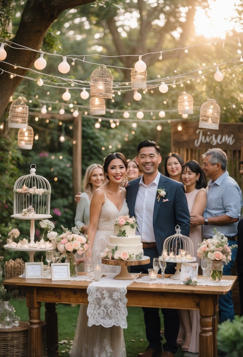 A couple and their guests celebrating a wedding shower outdoors with floral decorations, fairy lights, and a decorated table in a garden setting.