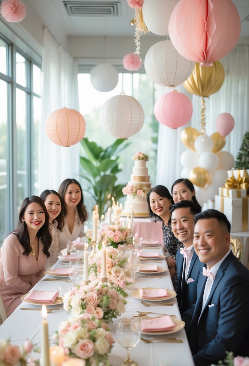 A group of people gathered around a decorated table with flowers, candles, and gifts celebrating a wedding shower indoors.