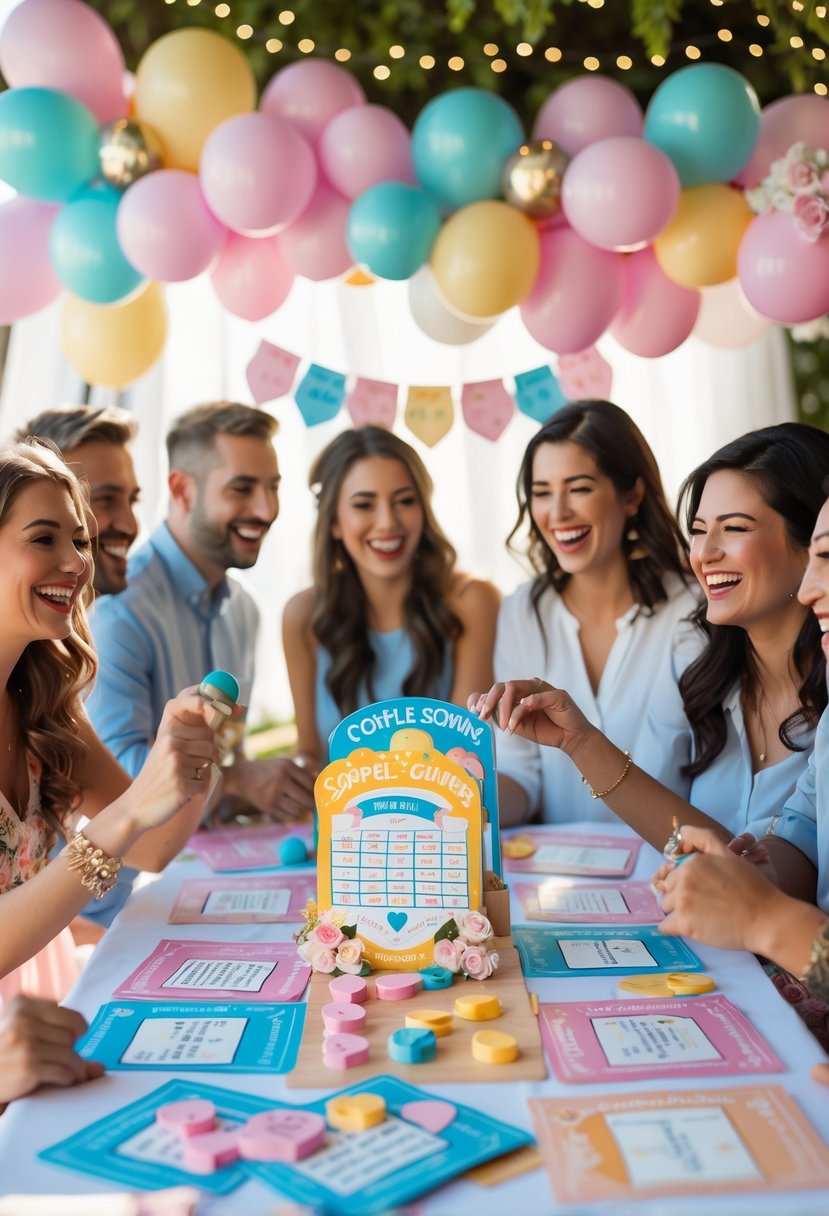 Guests enjoying a personalized trivia game at a decorated wedding shower with colorful cards and festive decorations.
