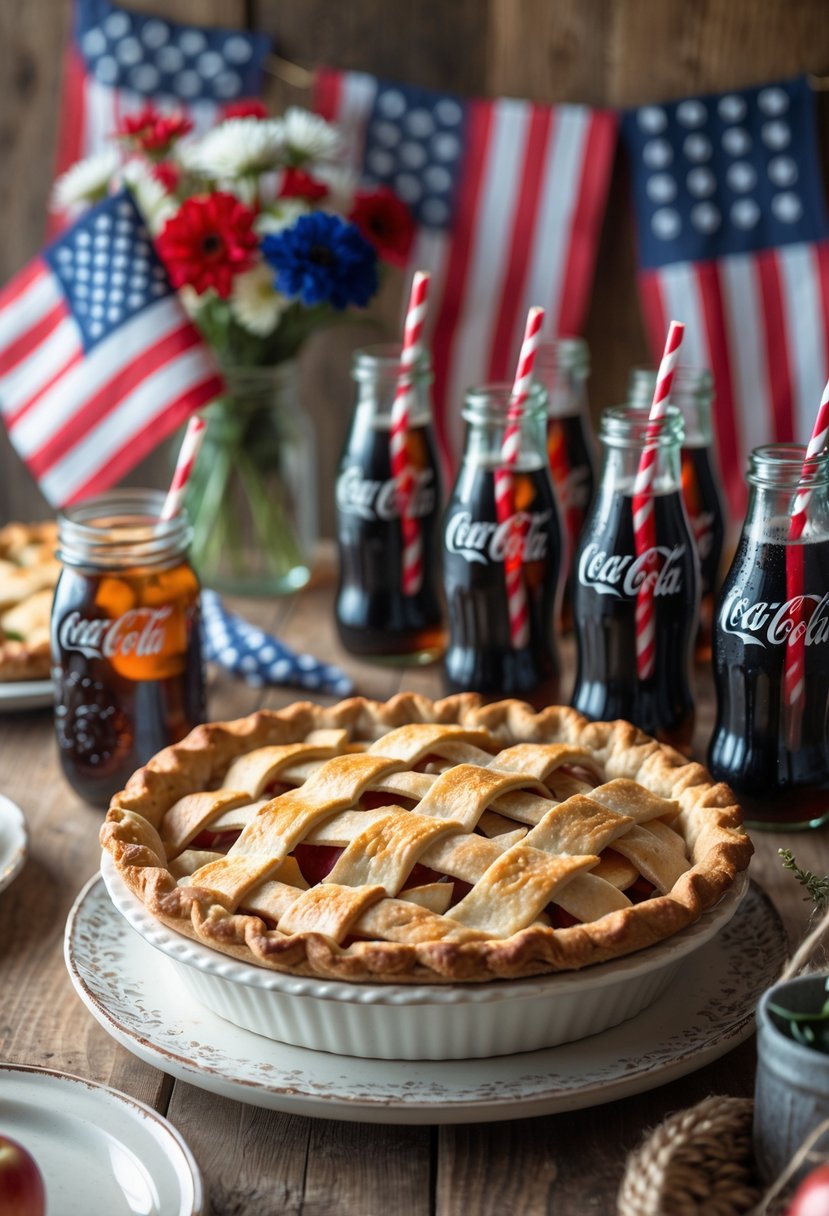 A wooden table with a freshly baked apple pie and glass bottles of Coca-Cola surrounded by small American flags and red, white, and blue floral decorations.