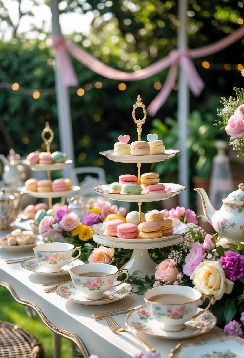 An outdoor tea party table set with floral teacups, saucers, and an assortment of pastries surrounded by flowers and greenery.