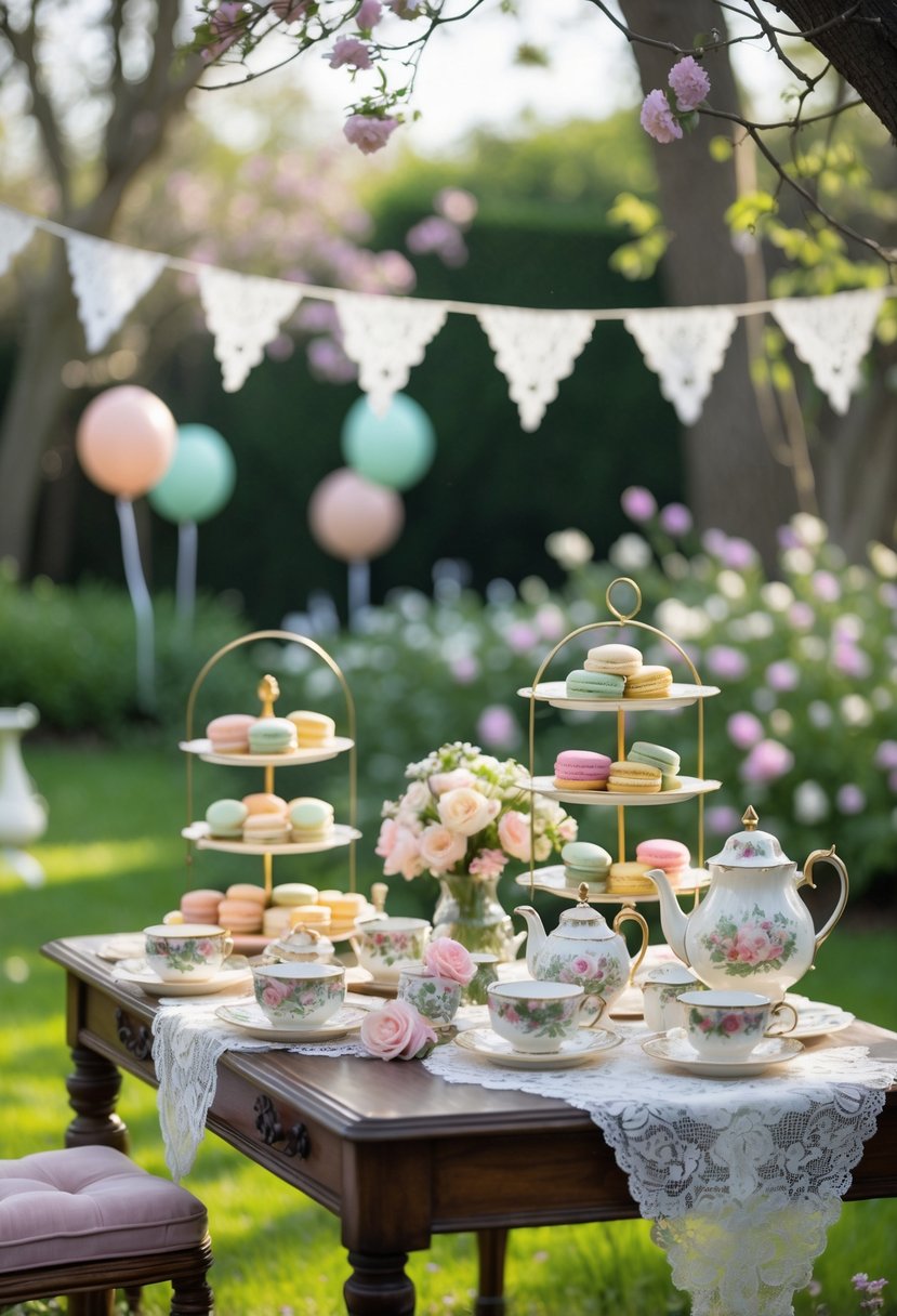 An outdoor garden tea party setup with vintage porcelain tea cups, flowers, and tiered trays of treats on a wooden table surrounded by greenery.