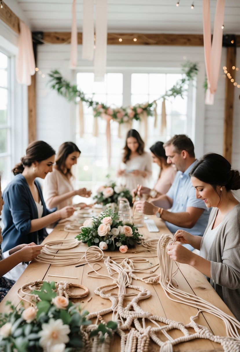 Guests sitting around a table making macramé crafts at a wedding shower workshop with flowers and decorations.