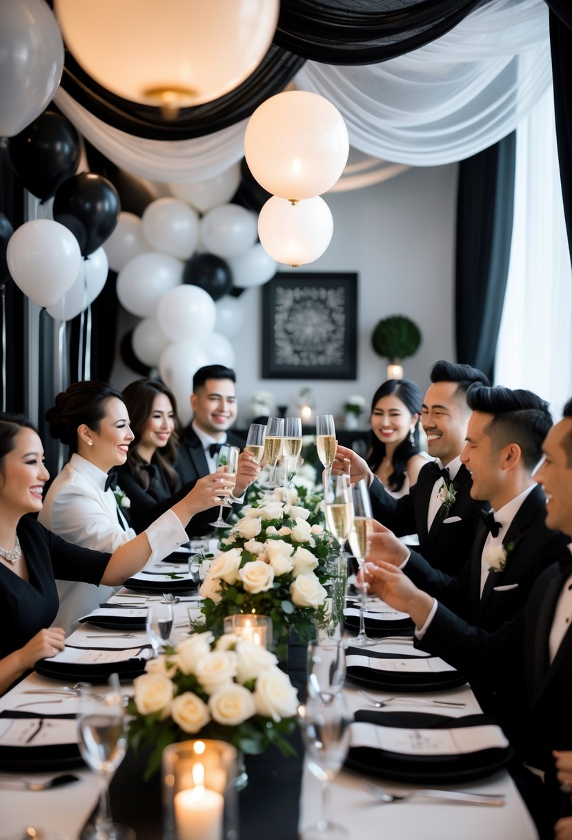 Couples enjoying a wedding shower with black and white decorations, seated at a decorated table in an indoor venue.