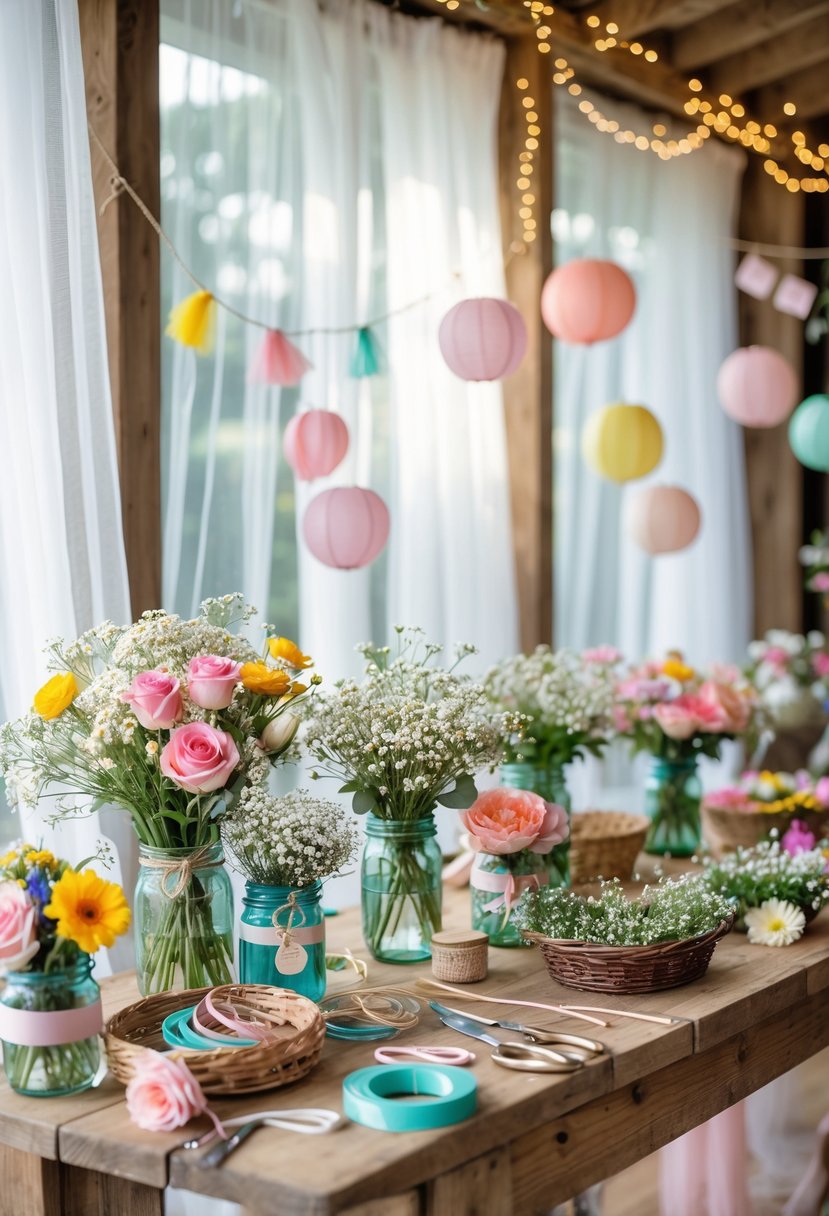 A table with fresh flowers, floral crafting supplies, and decorations set up for making flower crowns at a wedding shower.