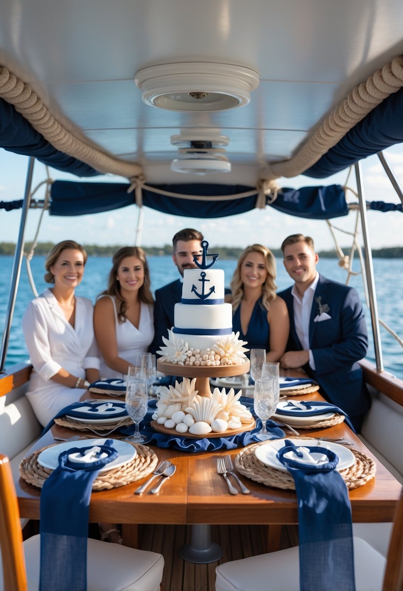 A couple and friends celebrating a wedding shower on a boat decorated with nautical-themed decorations including seashells, anchors, and navy blue accents.