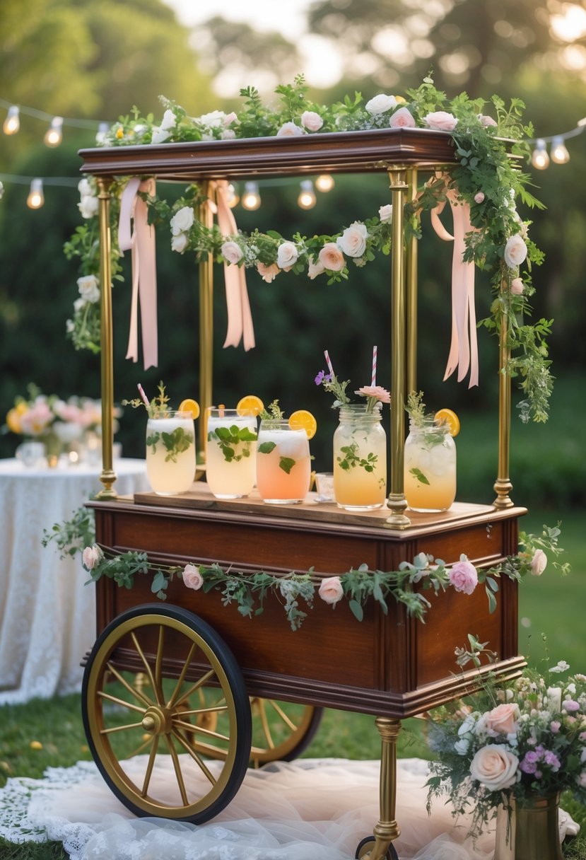 A vintage beverage cart decorated with flowers and pastel ribbons, holding various custom cocktails, set in an outdoor garden with greenery.