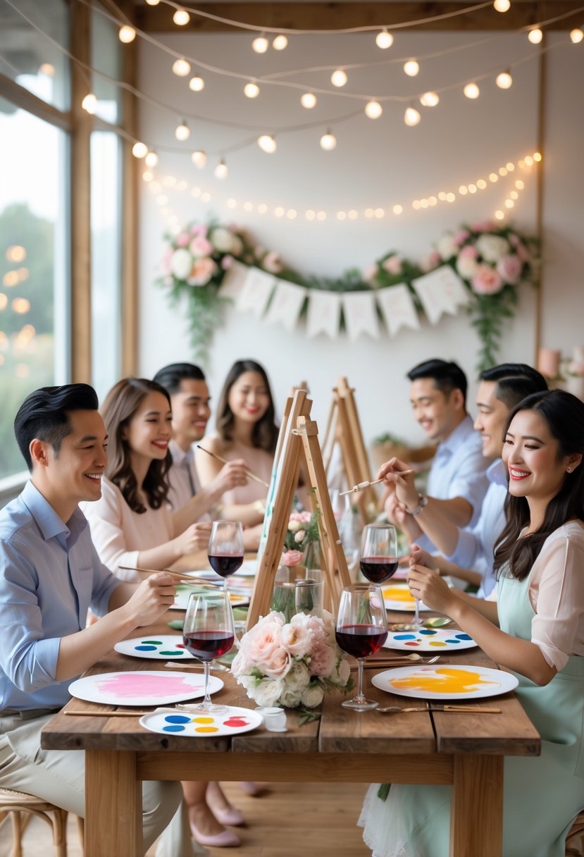 Couples enjoying a paint-and-sip gathering around a table with art supplies and wine in a warmly decorated room for a wedding shower.