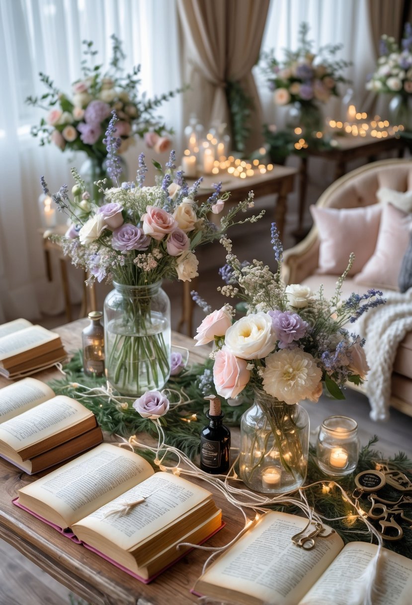 A wedding shower setup with vintage books, pastel flowers, fairy lights, and cozy seating arranged indoors.