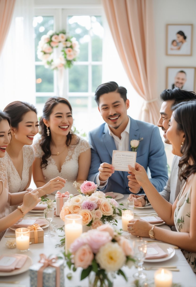 A group of people playing a trivia game around a decorated table at a wedding shower, smiling and enjoying the moment.