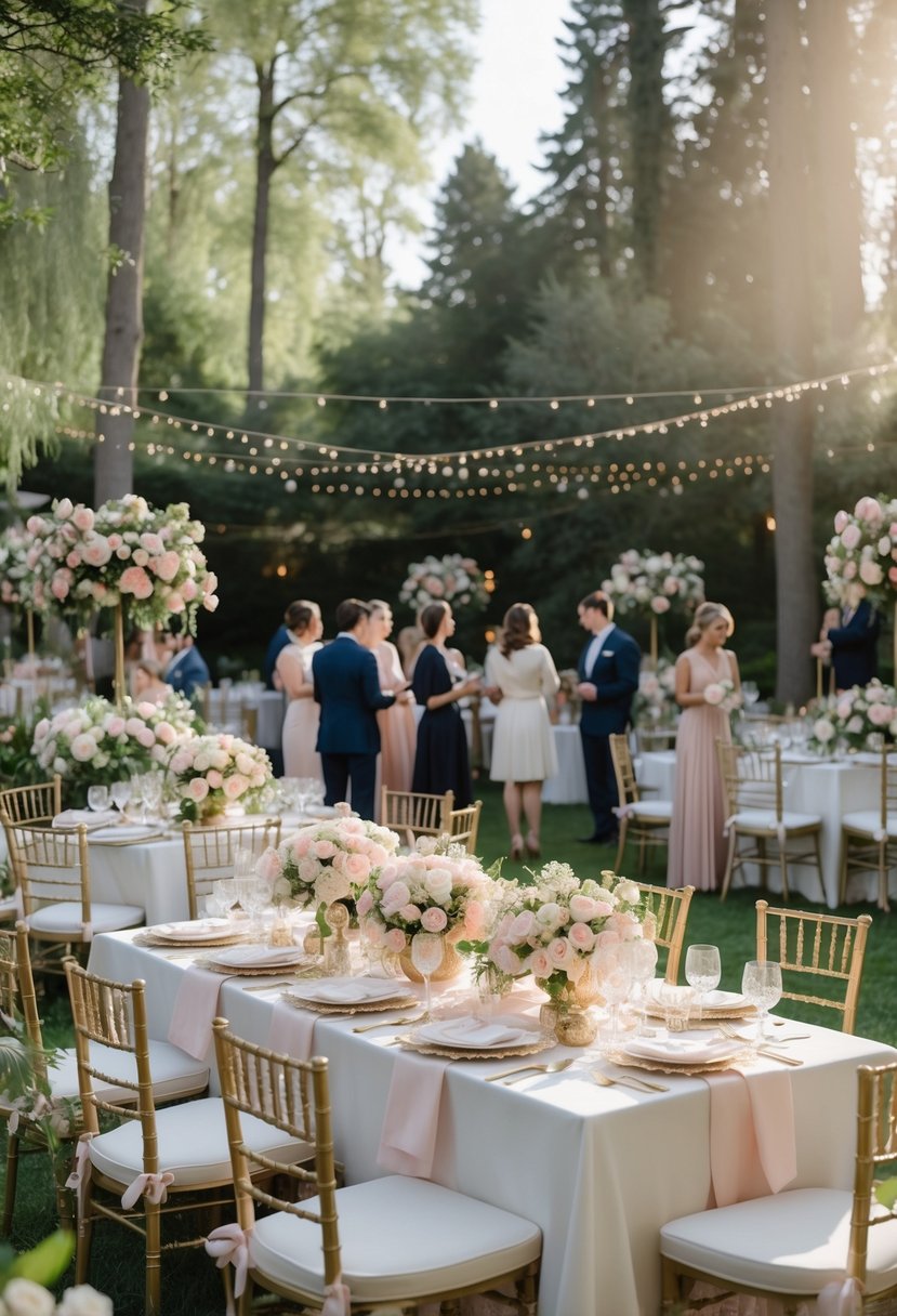 Outdoor garden party with tables decorated with flowers and guests enjoying a wedding shower celebration.