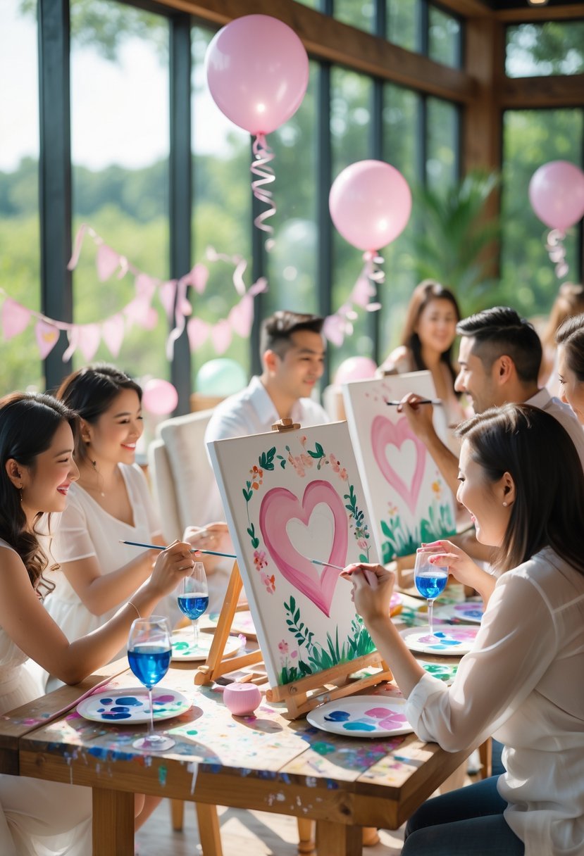 Couples painting love-themed canvases together at a bright indoor gathering with art supplies and wine on the table.