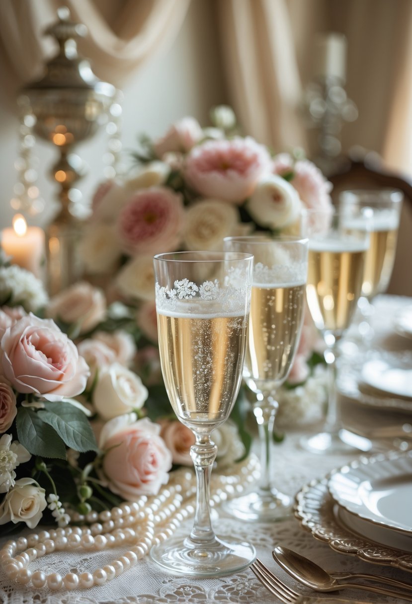 A table set with champagne glasses, pearl necklaces, floral arrangements, and vintage wedding shower decorations.