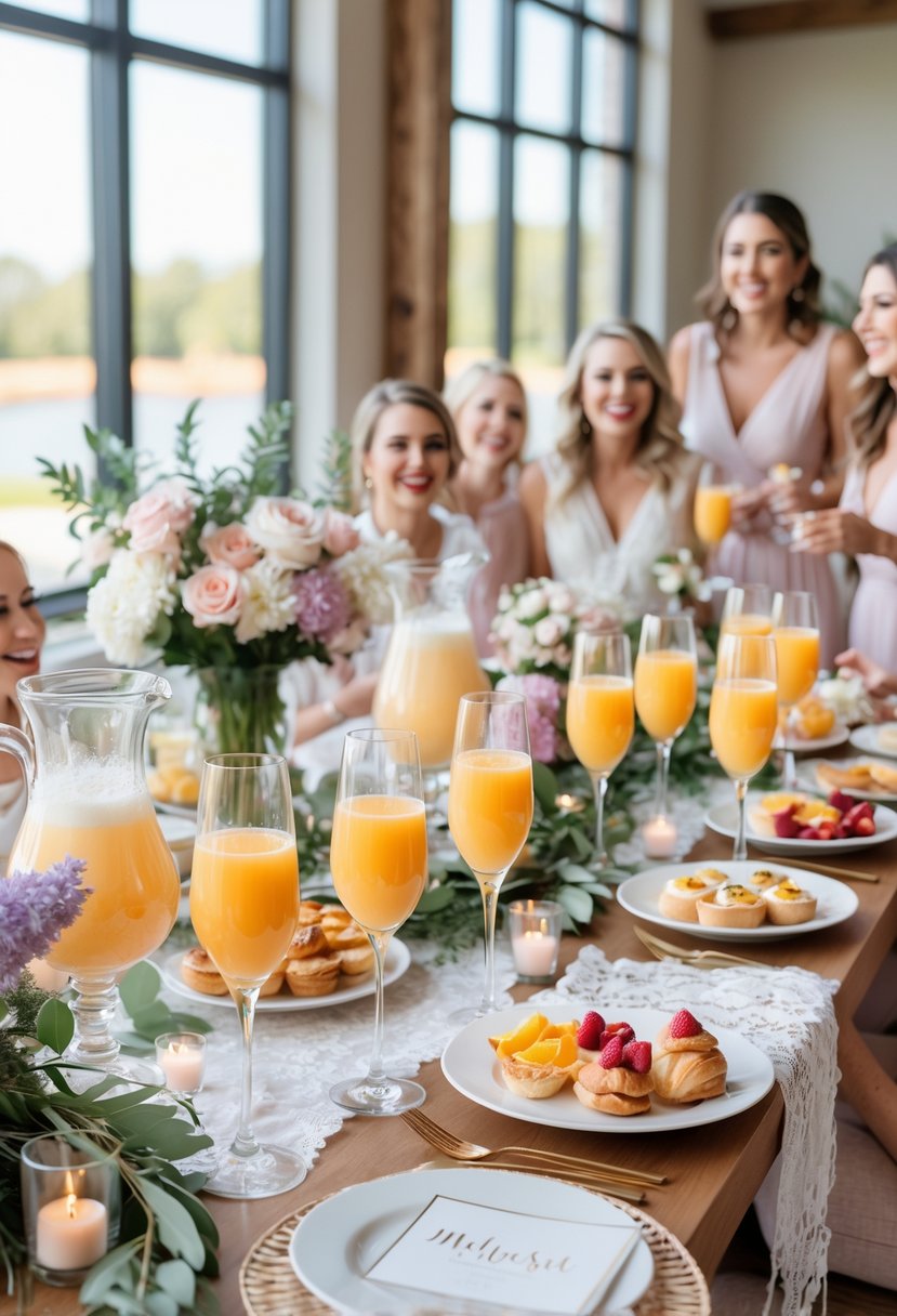 A group of women enjoying a bridal brunch around a table with a mimosa bar, fresh flowers, and brunch foods in a bright room.