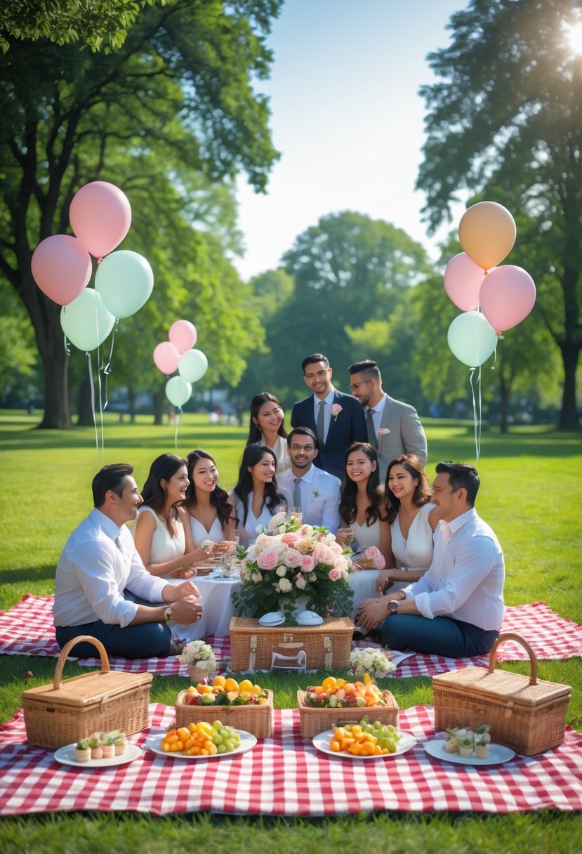 Couples enjoying an outdoor picnic with checkered blankets and floral decorations in a green park.