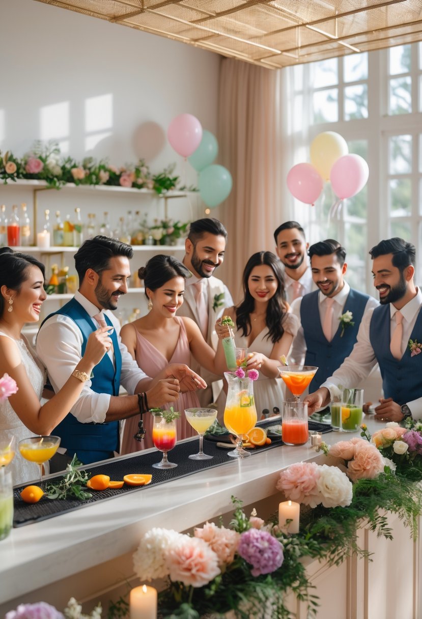 Couples participating in a mixology class during a wedding shower, preparing cocktails together around a decorated bar.