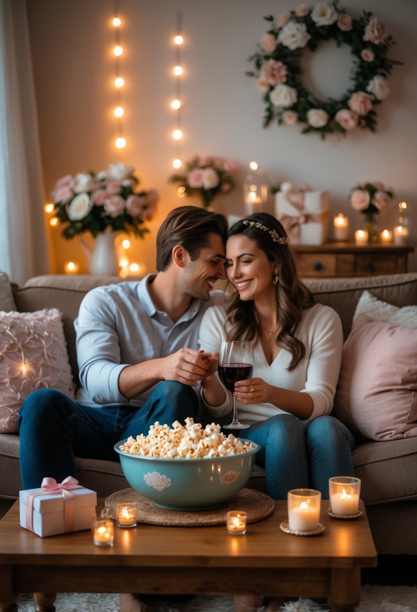A couple sitting on a sofa holding hands, surrounded by romantic decorations and soft lighting, with a coffee table holding popcorn and wine glasses.