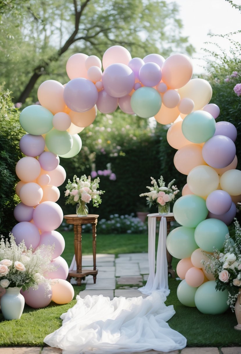 A pastel-colored balloon arch set outdoors in a garden with greenery and flowers, decorated for a wedding shower celebration.