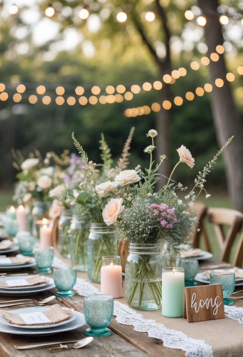 An outdoor wedding shower setup with a wooden table decorated with mason jars filled with wildflowers, candles, and rustic table settings under string lights.