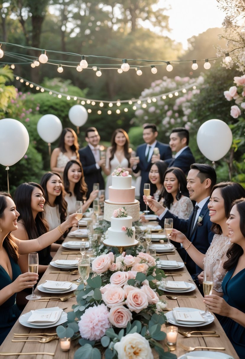 A group of couples and friends celebrating at an outdoor wedding shower with a decorated table, flowers, balloons, and sunlight filtering through trees.