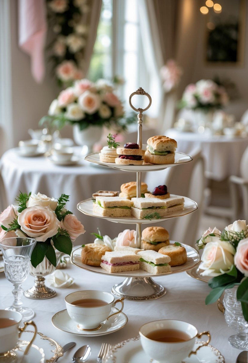 A table set with finger sandwiches, pastries, teacups, and flowers for a wedding shower.