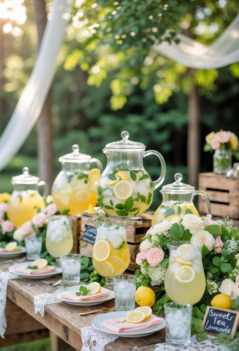 Outdoor wedding shower table with pitchers of Southern Comfort drinks, sweet tea, lemonade, glasses with lemon and mint, floral decorations, and soft sunlight filtering through greenery.