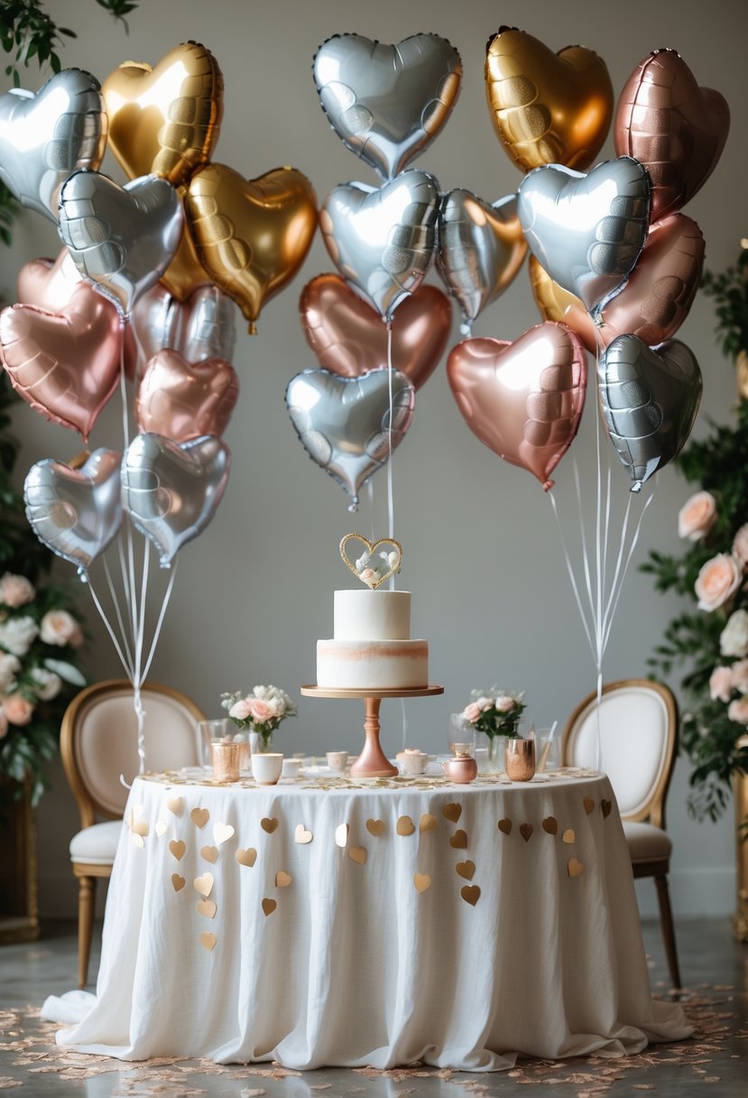 A decorated table with metallic balloons and scattered confetti for a wedding shower celebration.