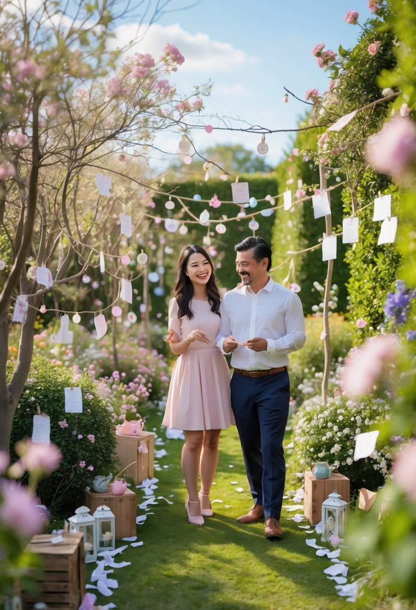 A couple happily searching for keepsakes in a decorated garden during a wedding shower scavenger hunt.