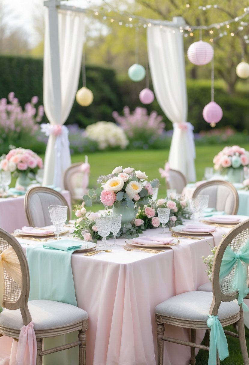 An outdoor spring wedding shower setup with a pastel-colored decorated table, floral centerpieces, vintage chairs with ribbons, and a blooming garden background.