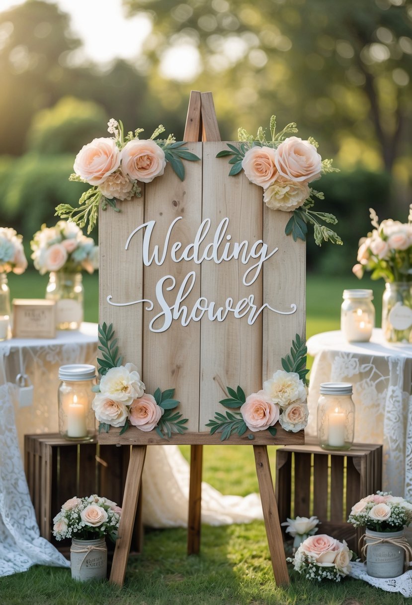 A rustic wooden sign surrounded by wedding shower decorations including flowers, greenery, and candles in an outdoor garden setting.