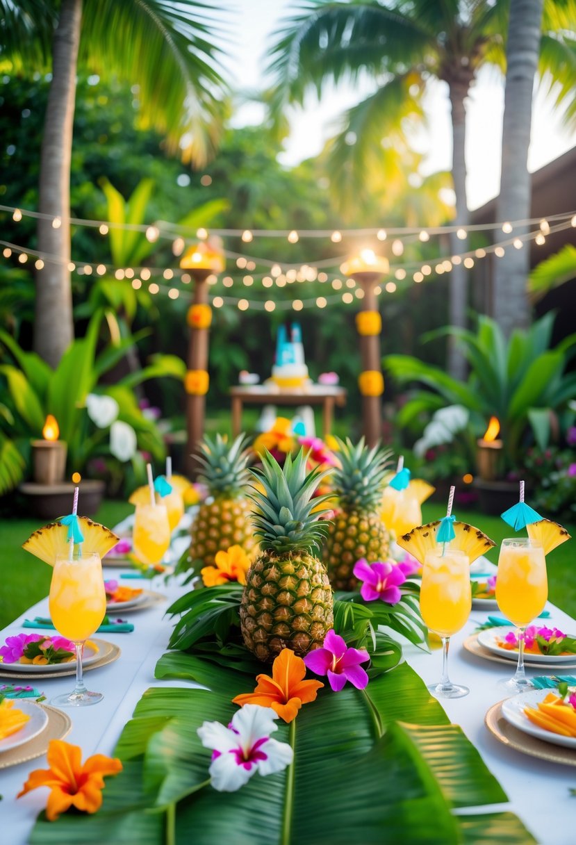 Outdoor tropical wedding shower setup with pineapples, colorful flowers, palm leaves, and tiki torches around a decorated table.
