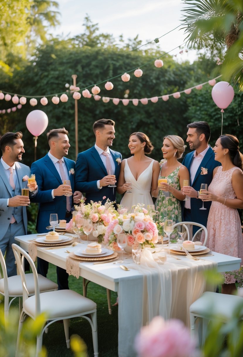 A group of men and women celebrating together outdoors around a decorated table with flowers and desserts.