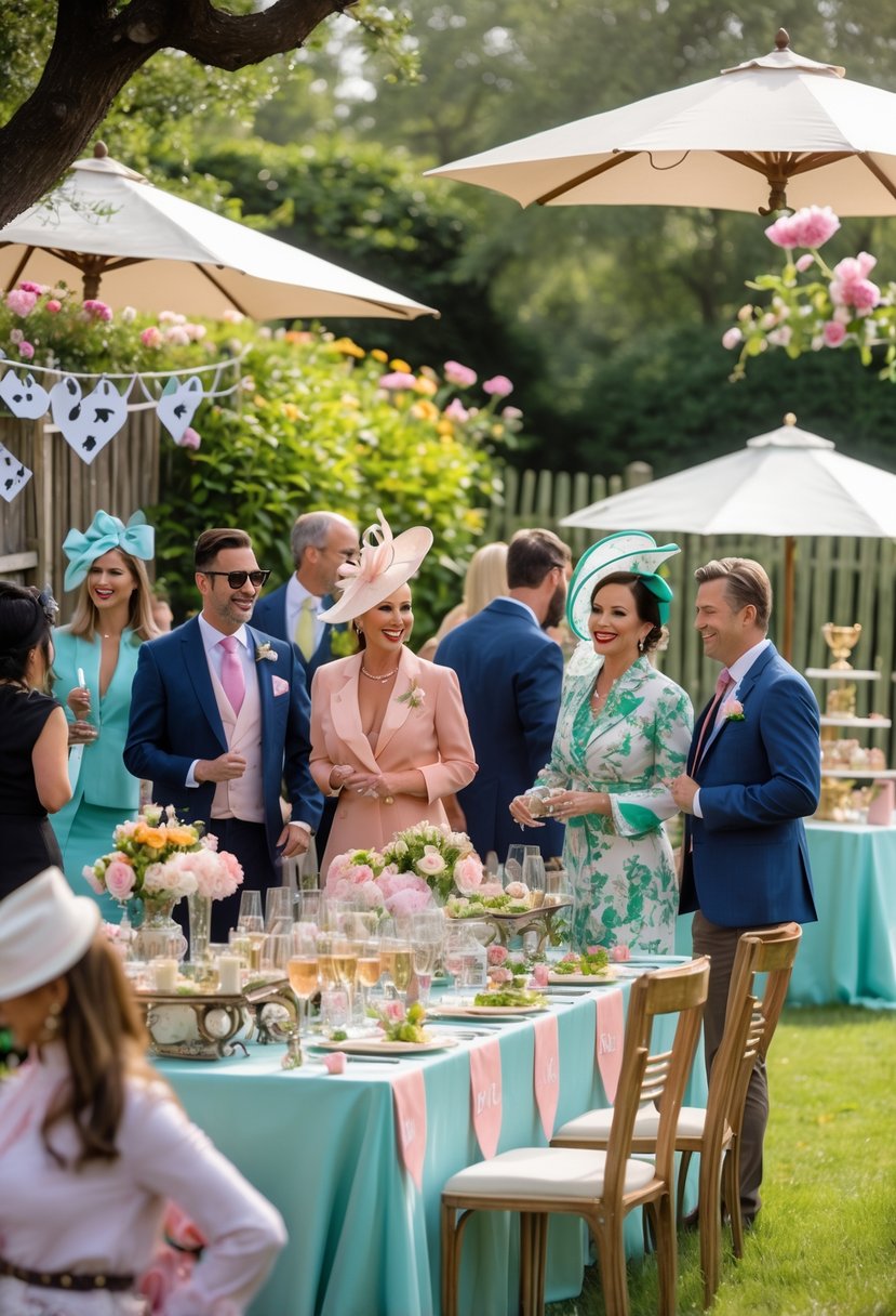People dressed in elegant attire at an outdoor wedding shower party with horse racing themed decorations and floral tables.