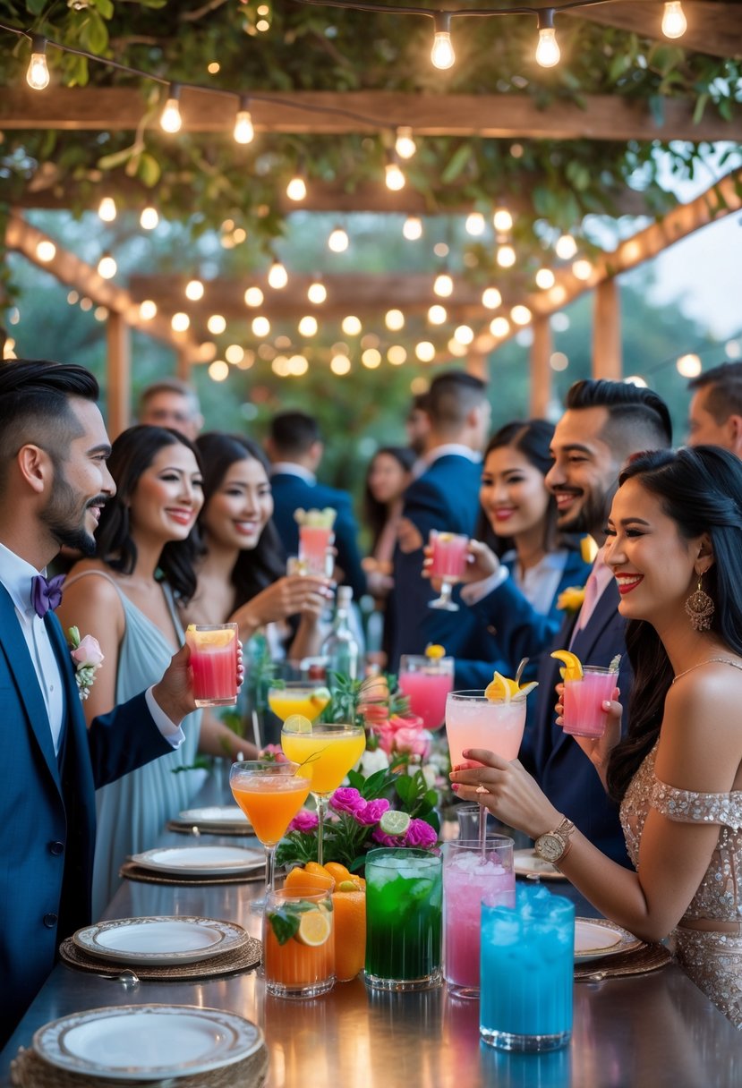 Couples and guests enjoying a stylish wedding shower cocktail party with a decorated bar and festive atmosphere.