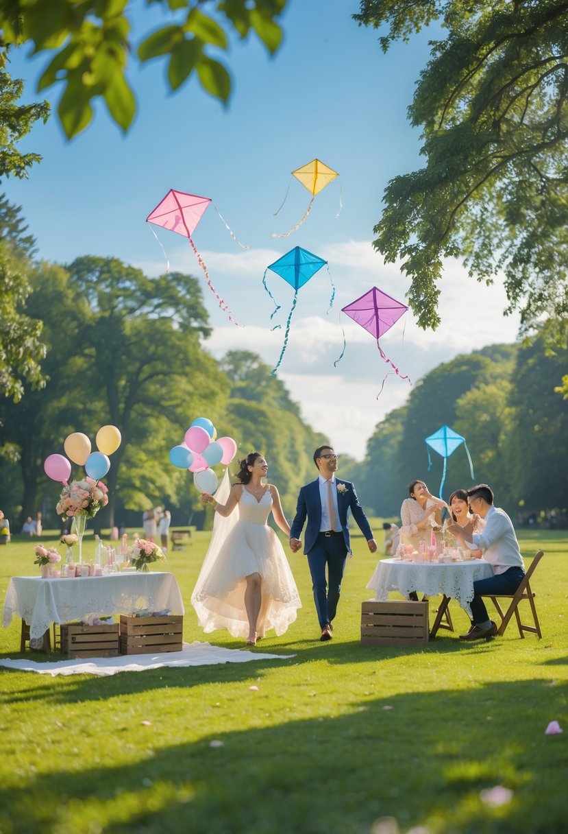 A couple celebrating a wedding shower in a park with colorful kites flying overhead and guests enjoying the sunny day.