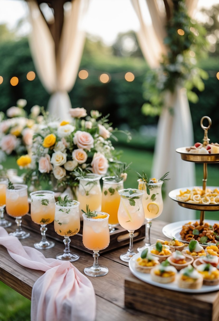 A wooden table with floral arrangements, signature cocktails, and appetizers set outdoors for a wedding shower.