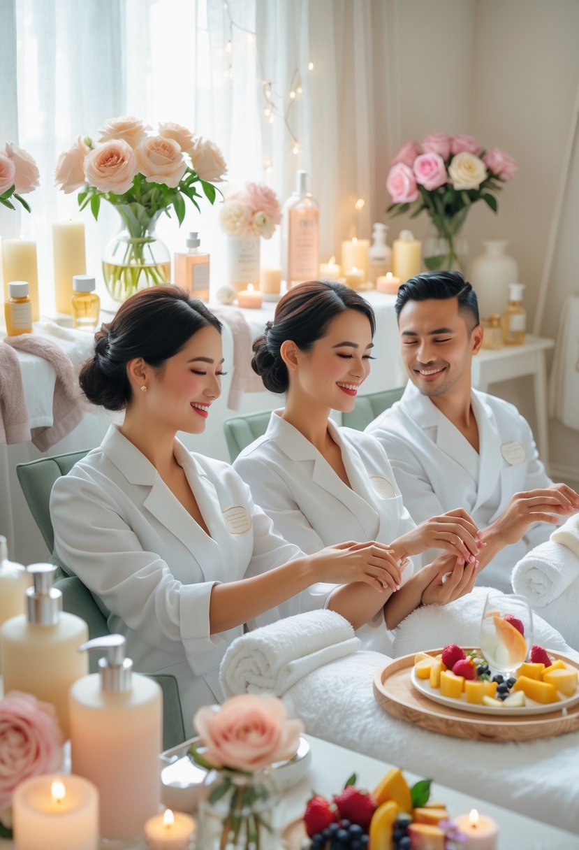 A couple receiving spa treatments together in a bright room decorated with flowers and candles, enjoying a relaxing wedding shower.
