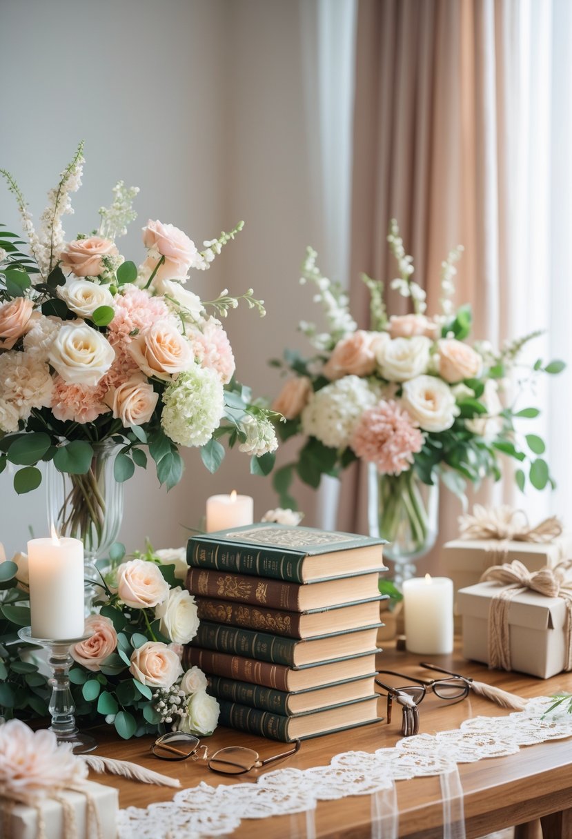 A cozy wedding shower setup with classic novels, floral arrangements, candles, and wedding gifts on a wooden table.