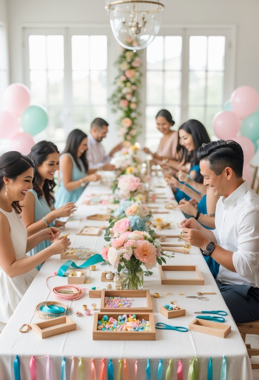 Guests at a wedding shower gathered around a table making crafts with ribbons, flowers, and decorations in a bright room.