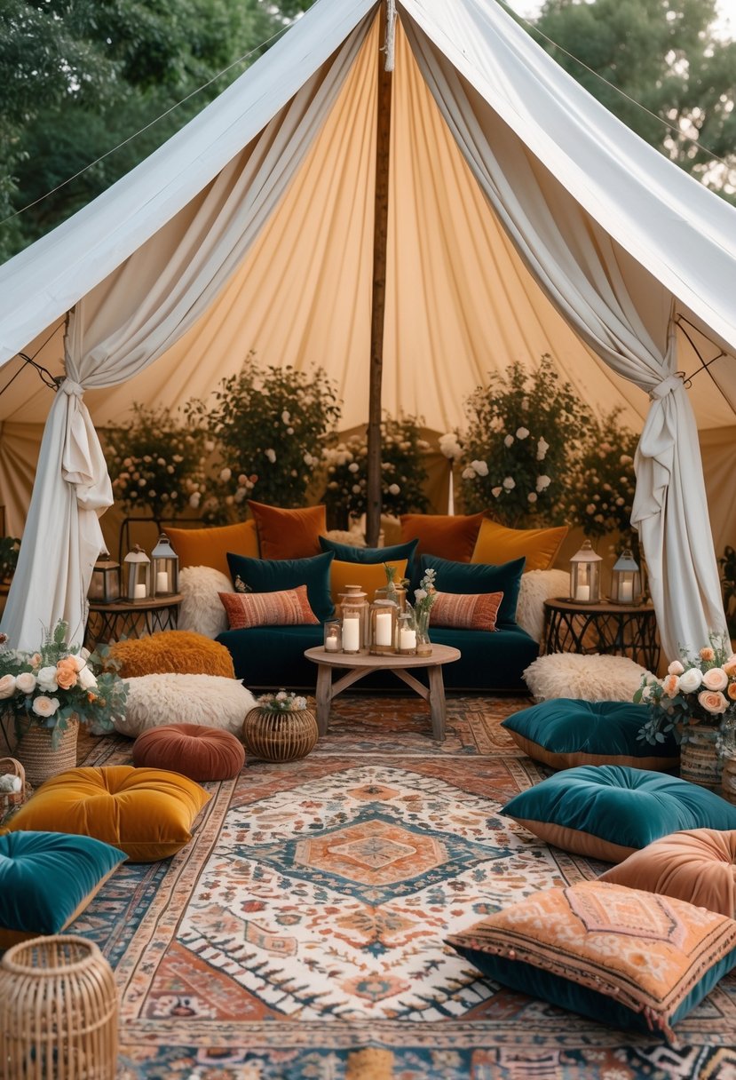 Outdoor lounge area with a fabric tent, colorful cushions, patterned rugs, low wooden tables, and floral decorations set up for a wedding shower.