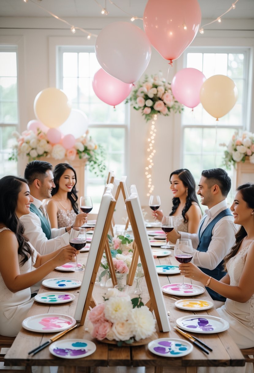 Couples painting on canvases and drinking wine together at a decorated table during a wedding shower.