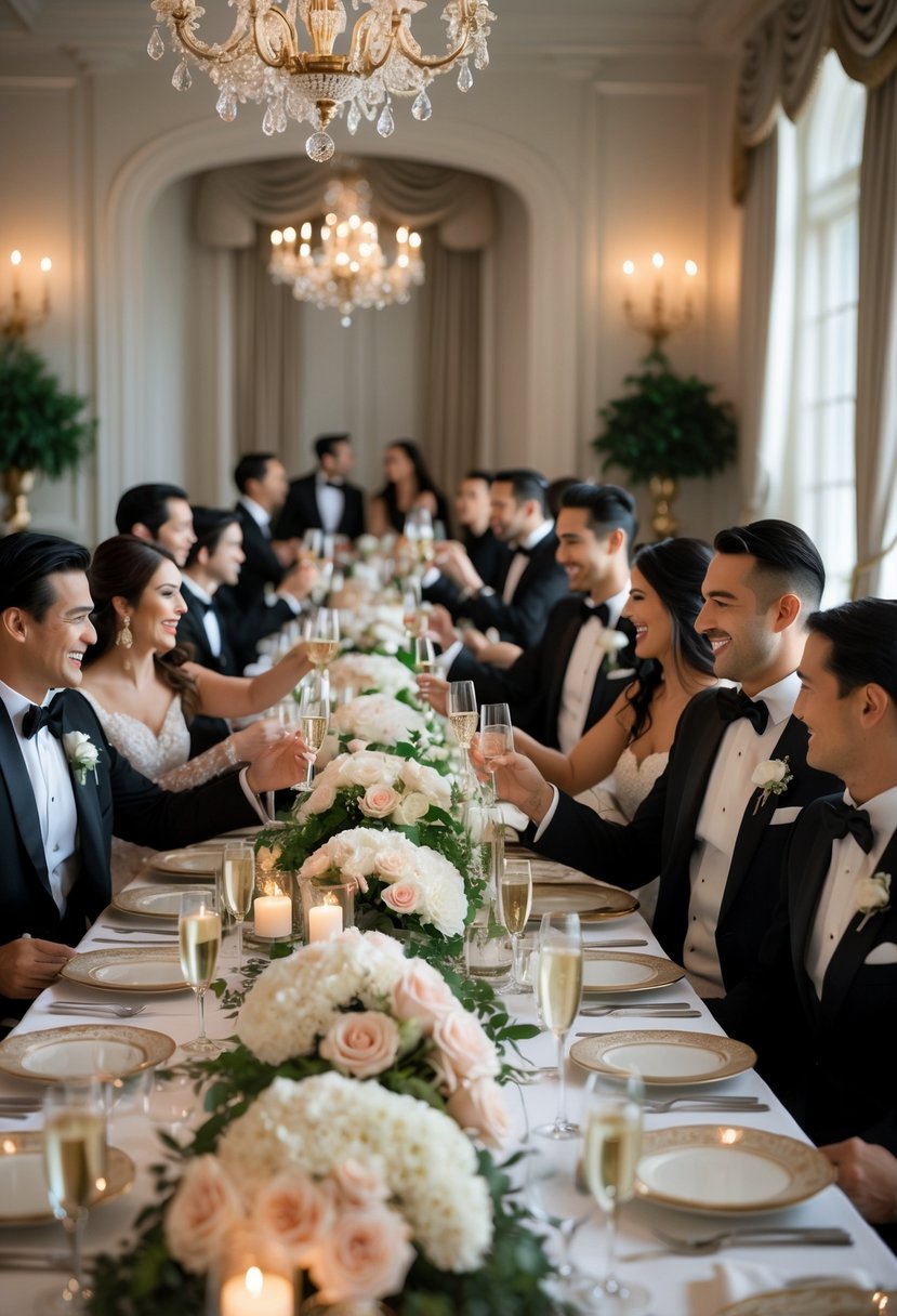 Couples dressed in formal attire gathered around a beautifully set dinner table with candles and floral centerpieces, enjoying a celebratory event.