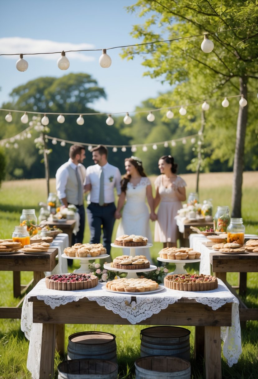 Couples and guests enjoying an outdoor wedding shower at a country fair with tables of homemade treats and floral decorations.