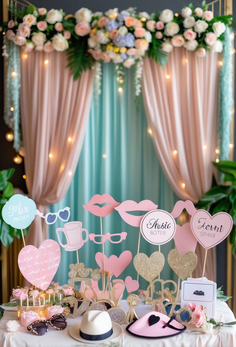 A decorated photo booth area with wedding shower props like hats, glasses, and heart-shaped signs arranged on a table in front of a floral backdrop.