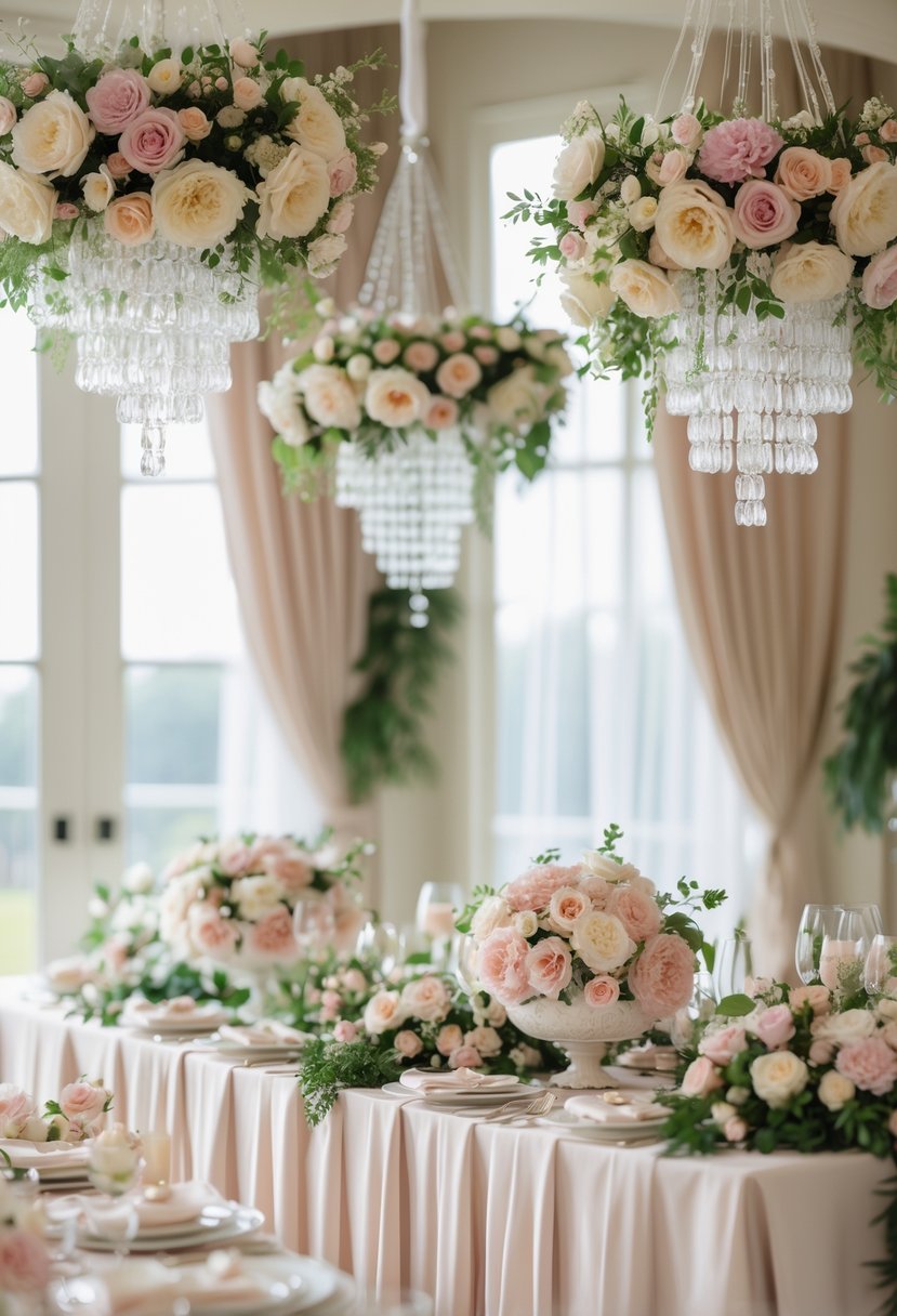 A wedding shower scene with cascading floral chandeliers above a decorated table set with flowers and tableware.